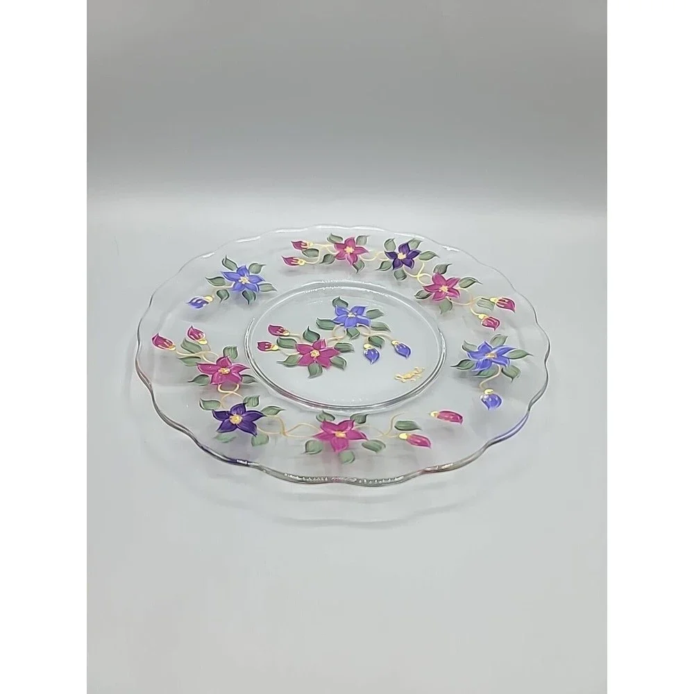 Art Glass Serving Dish Plate Signed Reverse Hand Painted Flowers Floral 9" - Picture 2 of 11